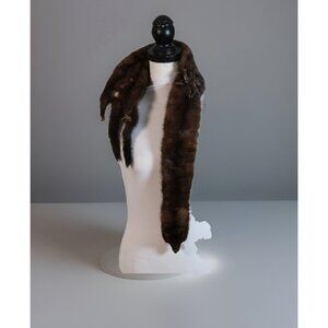 3 Pelt Mink Fur Stole Full Body Women's One Size Dark Brown Vintage Glass Eyes
